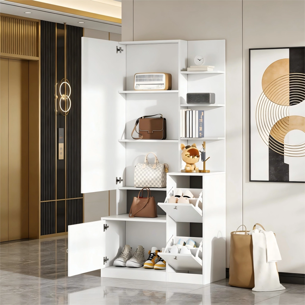 Mobile ingresso multifunzione con specchio e scarpiera; 85 x 40 x 180 cm; bianco