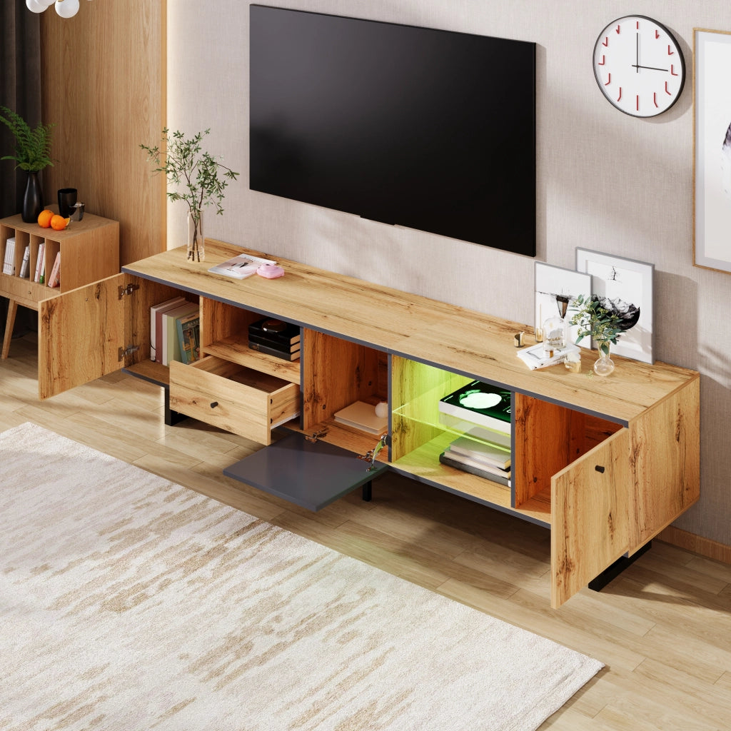 Mobile TV con 3 Ante; 1 Cassetto e 3 Vani e LED; Ripiani in Vetro; Stile Industriale; in Truciolare; Naturale; 190??40??50 cm