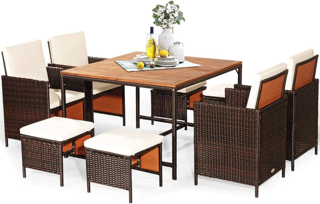 Set di mobili da giardino 8 sedie con tavolo, set da 9 mobili da giardino in rattan, con tavolo da balcone, 4 sedie da pranzo e 4 sgabelli scorrevoli (cuscini beige), KZ03907
