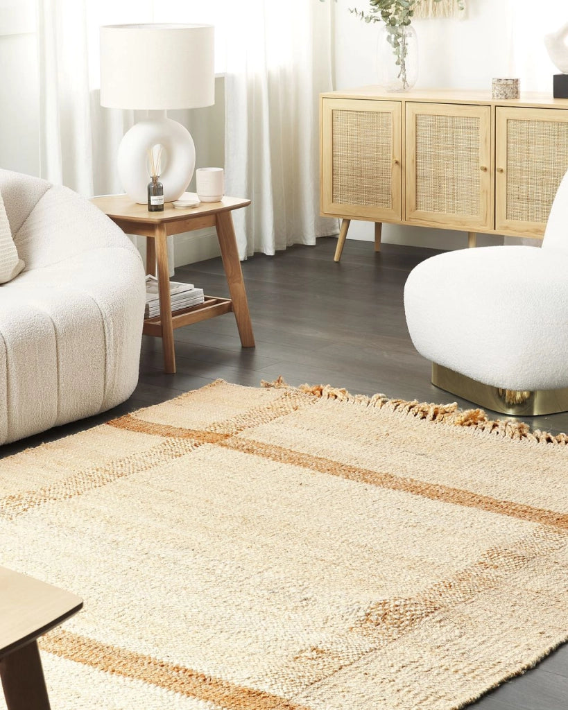 Tappeto in juta beige 140 x 200 cm con nappe motivo geometrico intrecciato a mano stile bohémien per soggiorno camera da letto