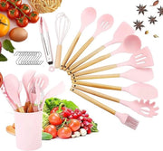 Set di utensili da cucina in silicone, con rivestimento antiscivolo, resistente al calore, con manico in legno, 22 pezzi, set di utensili da cucina comprensivo di cucchiaio, spatola e forchetta.