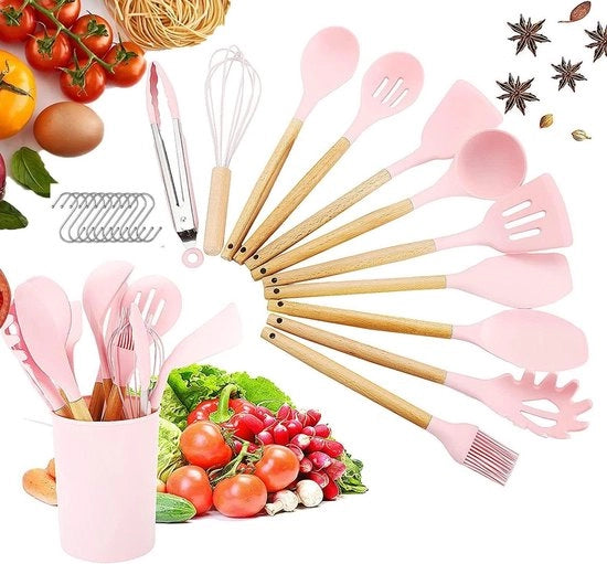 Set di utensili da cucina in silicone, con rivestimento antiscivolo, resistente al calore, con manico in legno, 22 pezzi, set di utensili da cucina comprensivo di cucchiaio, spatola e forchetta.