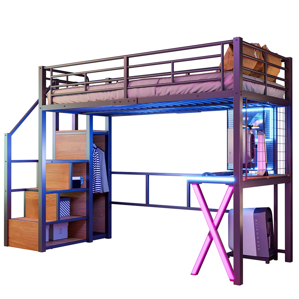 Letto mezzanino 90x200cm - Xylo - nero, armadio, scaffali, luce controllabile