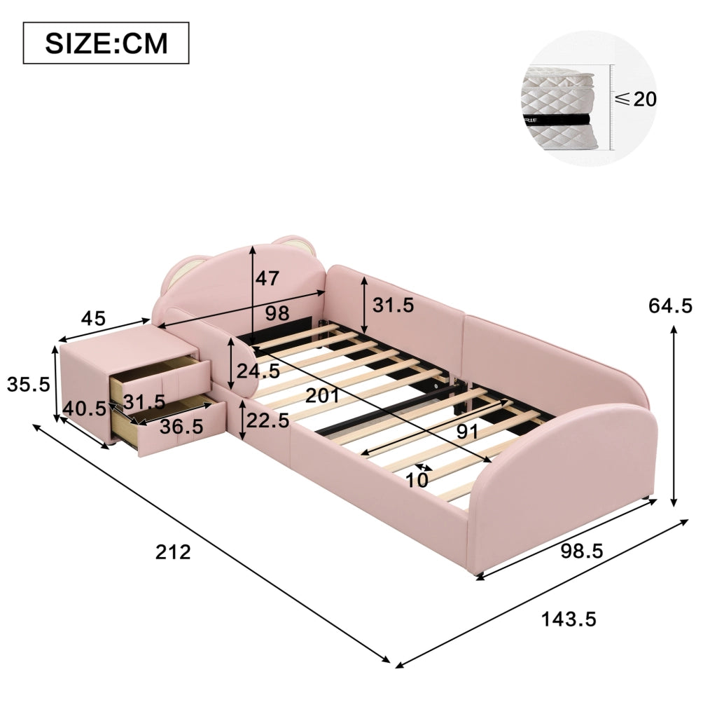 LETTO imbottito a forma di orso 90x200 cm rosa con comodino