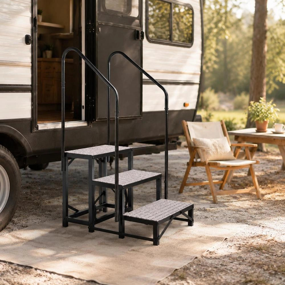 RV Steps With Dual Handrails, 3 Steps, 660 Lbs Load Capacity, Heavy Duty Outdoor RV Stairs With Non-Slip Mat For Elderly/Pets, Portable Stairs For Hot Tub, Camper, Mobile Home, Porch, Pool, SPA