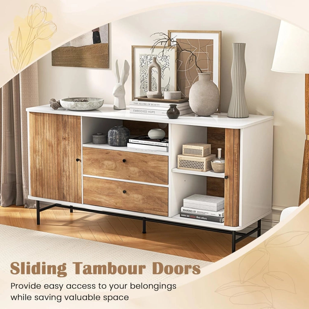 Credenza Basso con Gambe in Metallo, Credenza da Cucina Moderna con Ante Scorrevoli e 2 Cassetti, Buffet da Soggiorno con Protezione Antiribaltamento, 150 x 45 x 74 cm