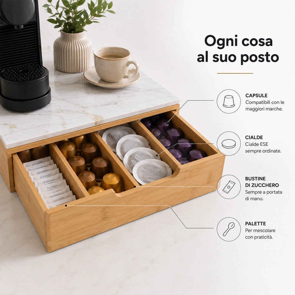 Portacapsule Piano Vetro Effetto Marmo Tortora Portacialde Organizer 31.5x30x10cm