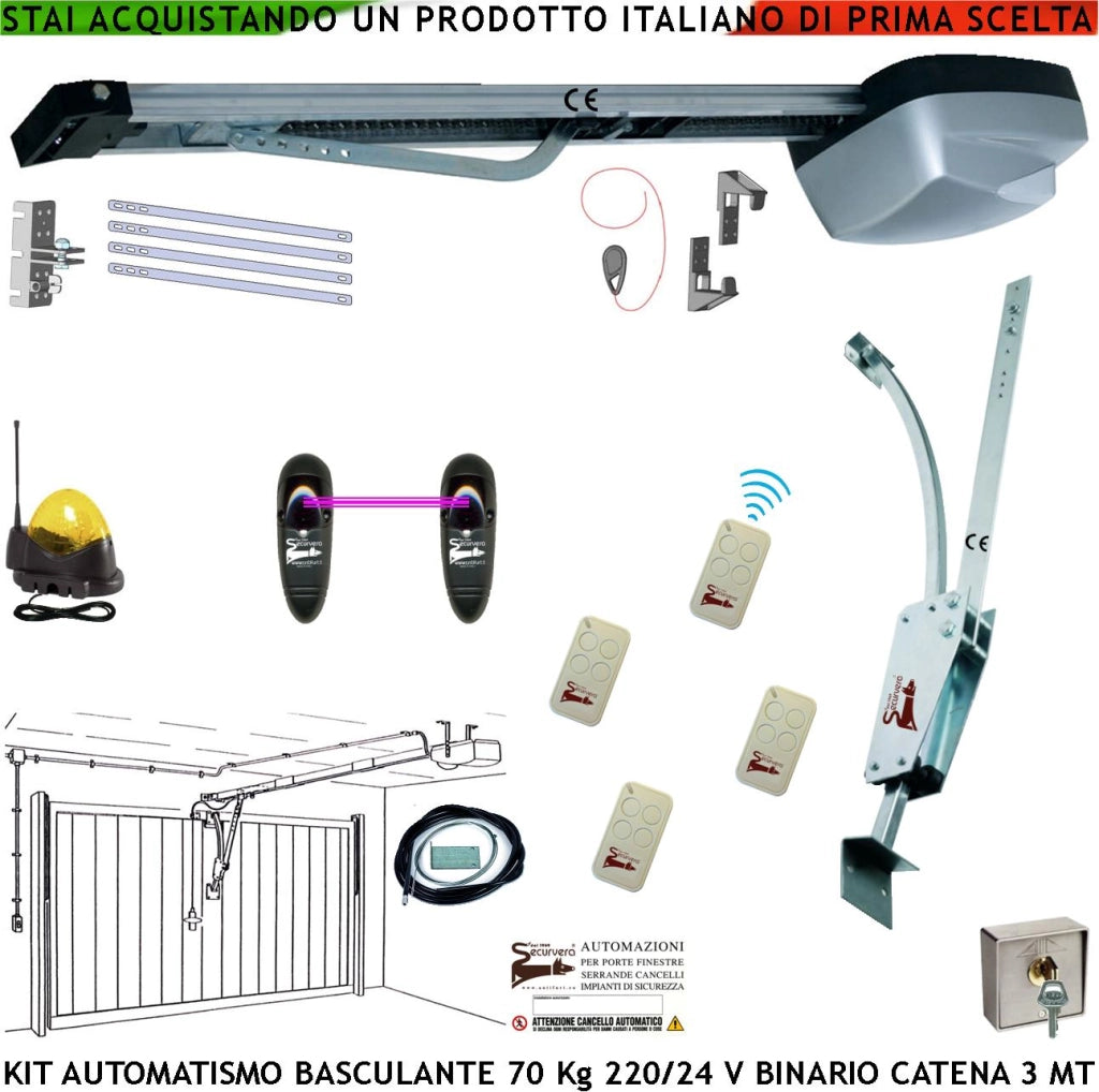 Basculante 70 Kg Kit Automatismo Motore 220/24 V da Soffitto 4 Radiocomandi Faro Antenna Selettore Binario Alluminio Catena Acciaio 3 Mt Cordino x Sblocco Pattino Archetto Oscillante Luce di Cortesia
