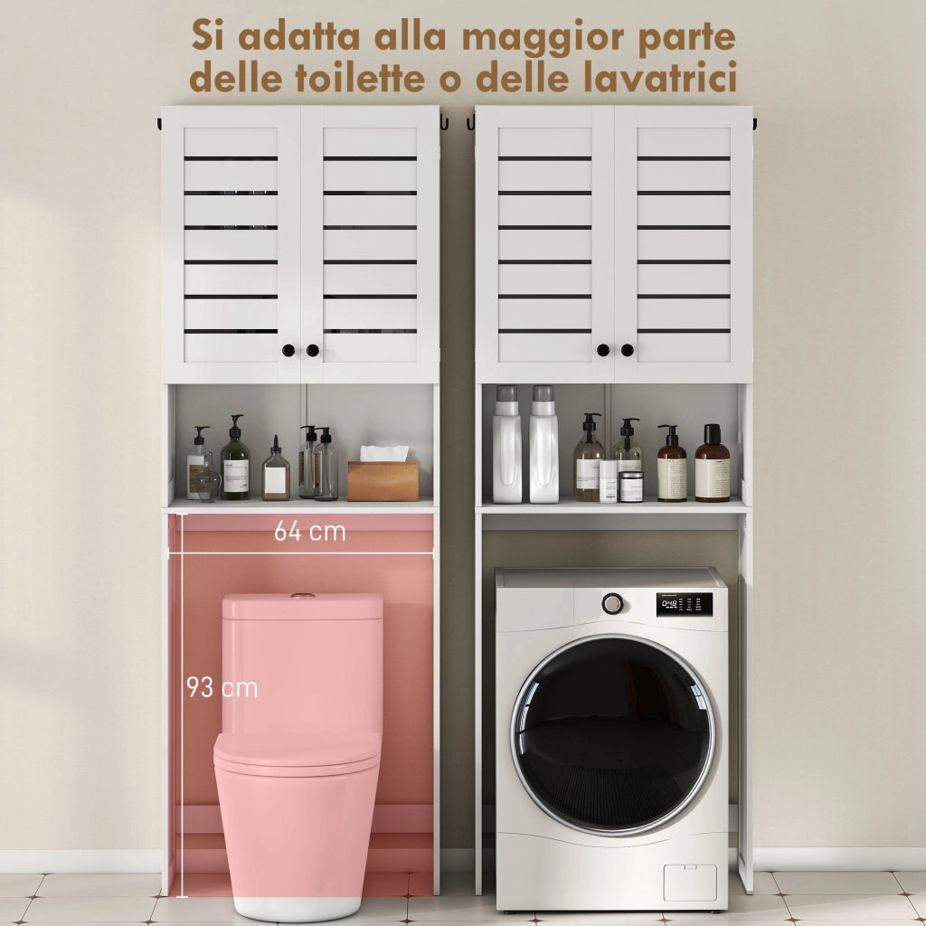 Mobile Sopra WC con Armadietto a 2 Ante e Ripiano Aperto. in Legno Bianco. 67x31.5x190 cm