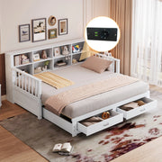 Divano letto estraibile in legno con contenitore, 2 cassetti e presa integrata
