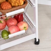 Carrello Portavivande Pieghevole a 6 Ruote con 3 Cestini, Cassetto e 2 Ribalte, Carrellino per Cucina in MDF e Metallo, 37x37x77.5 cm, Bianco e Legno