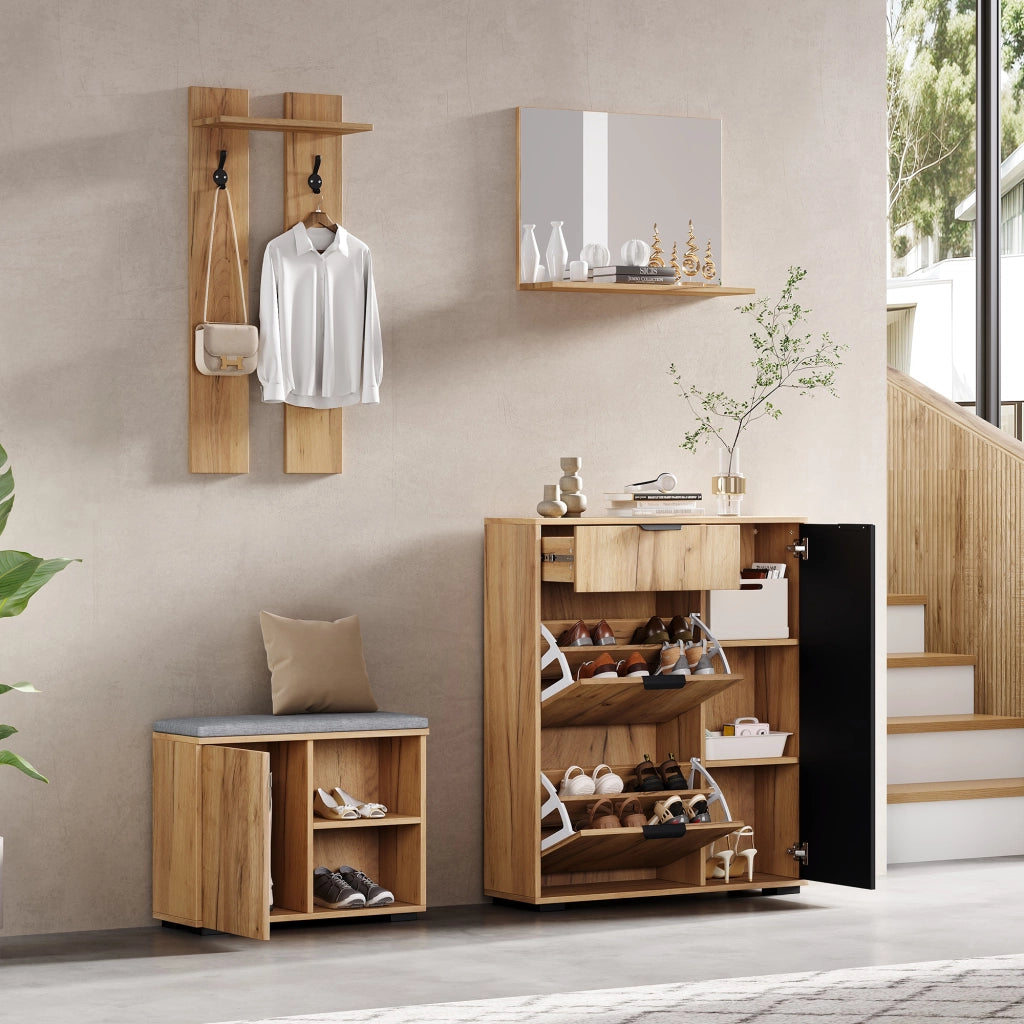 Set di mobili da ingresso con panca scarpiera scarpiera con specchio e ganci in pannello di particelle naturale e nero