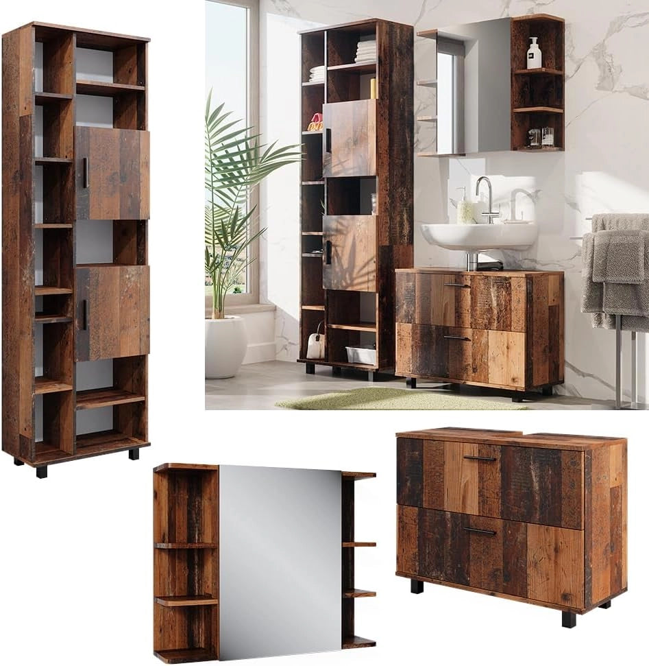 Set di mobili da bagno Ilias, Rovere rustico, 80.2 cm, composto da mobile sottolavabo, specchiera e colonna alta