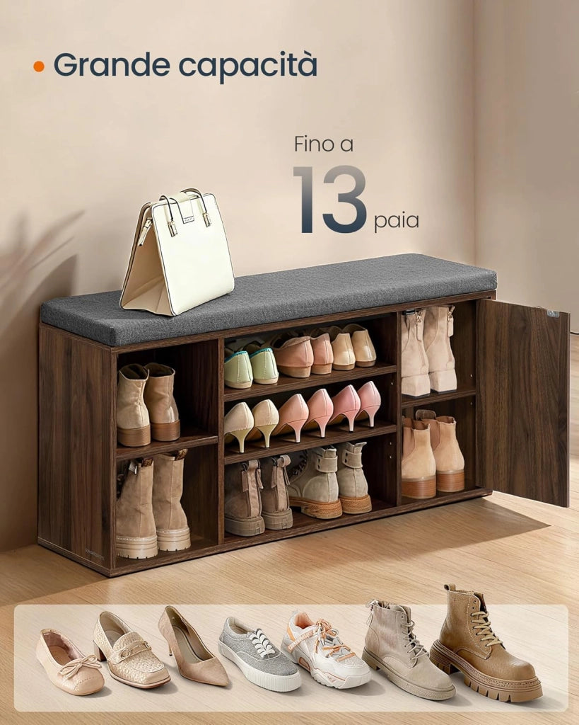 SONGMICS HOME Panca Scarpiera, Montaggio Rapido Senza Attrezzi Toolless, Panchina con Scomparti Aperti, Ripiani Regolabili, Portascarpe, Noce Naturale e Grigio Ardesia LHS391KE02