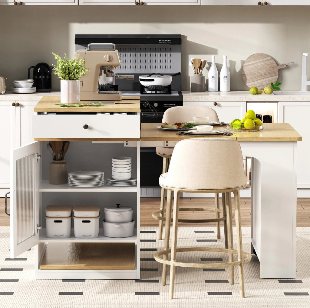 Tavolo allungabile 80x71~111~151x92 cm con prese integrate; MDF e vetro; bianco e naturale
