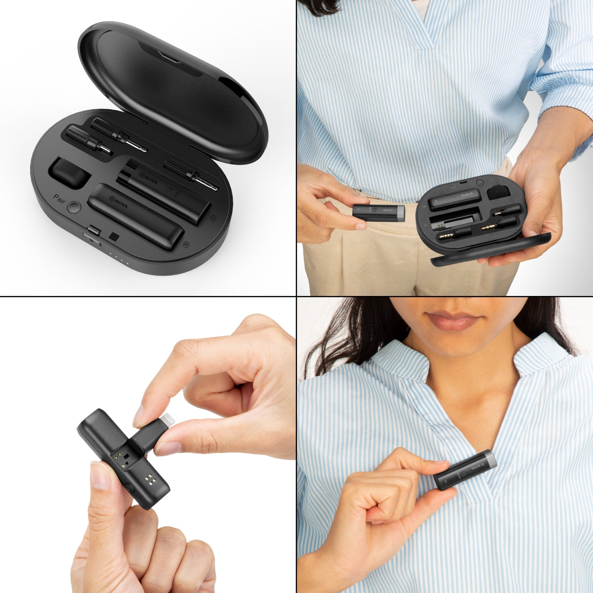 Microfono wireless BOYA WM3D con adattatore Lightning e scatola di custodia e ricarica I Microfono wireless a 2,4 GHz in microfono omnidirezionale I Per fotocamera, PC