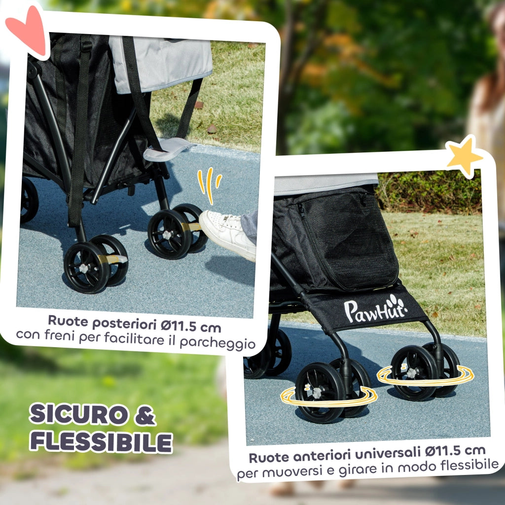 Passeggino per Cani 76x44x103 cm con 2 Finestre a Rete Nero e Grigio Chiaro