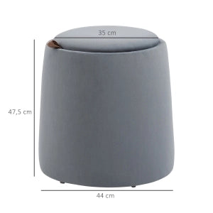 Pouf rotondo 2 in 1 con contenitore e coperchio reversibile, effetto velluto grigio, Ø44 x 47,5 cm