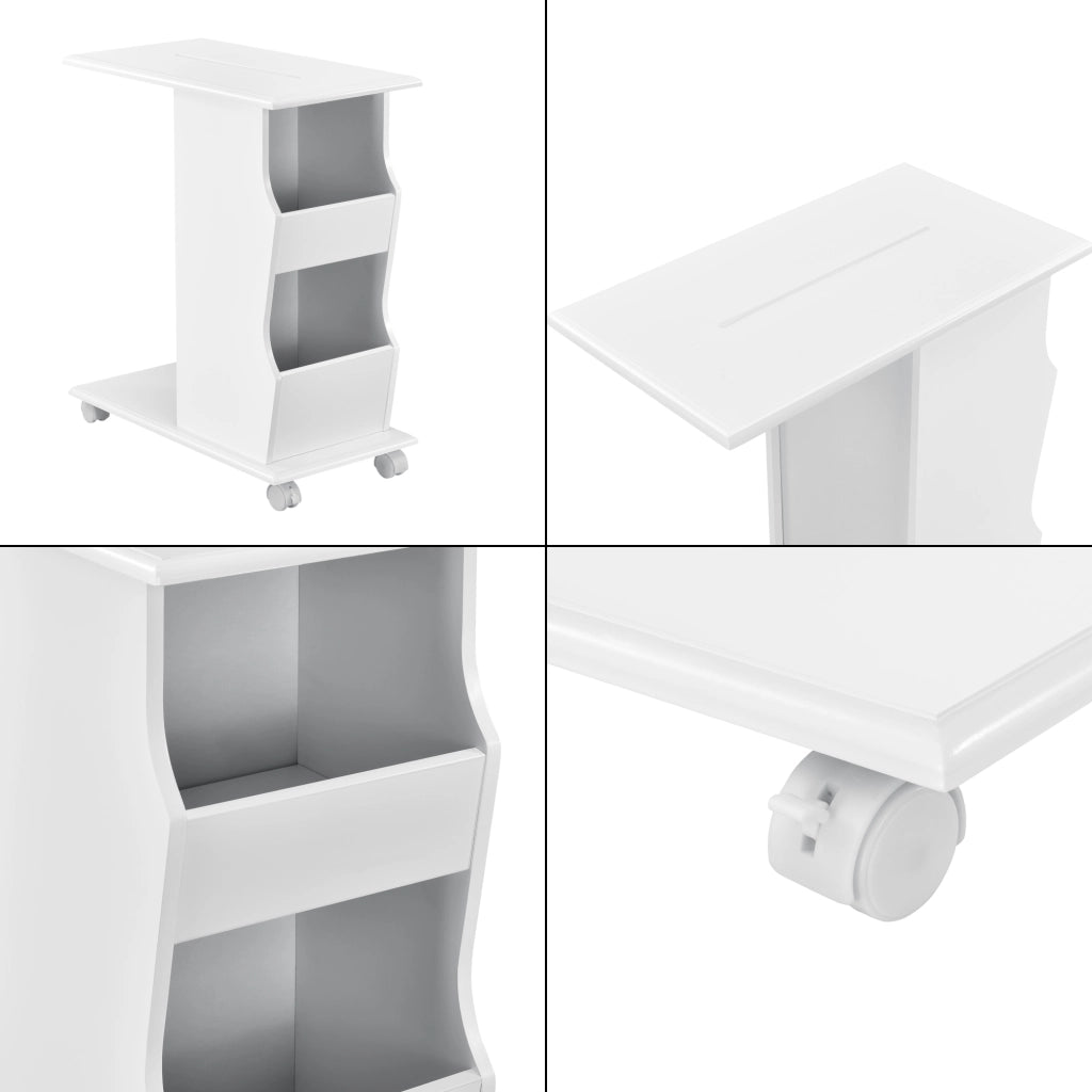 Tavolino Laterale da Divano con Rotelle Ripiani e Porta Riviste 53x30x63 cm Bianco [en.casa]
