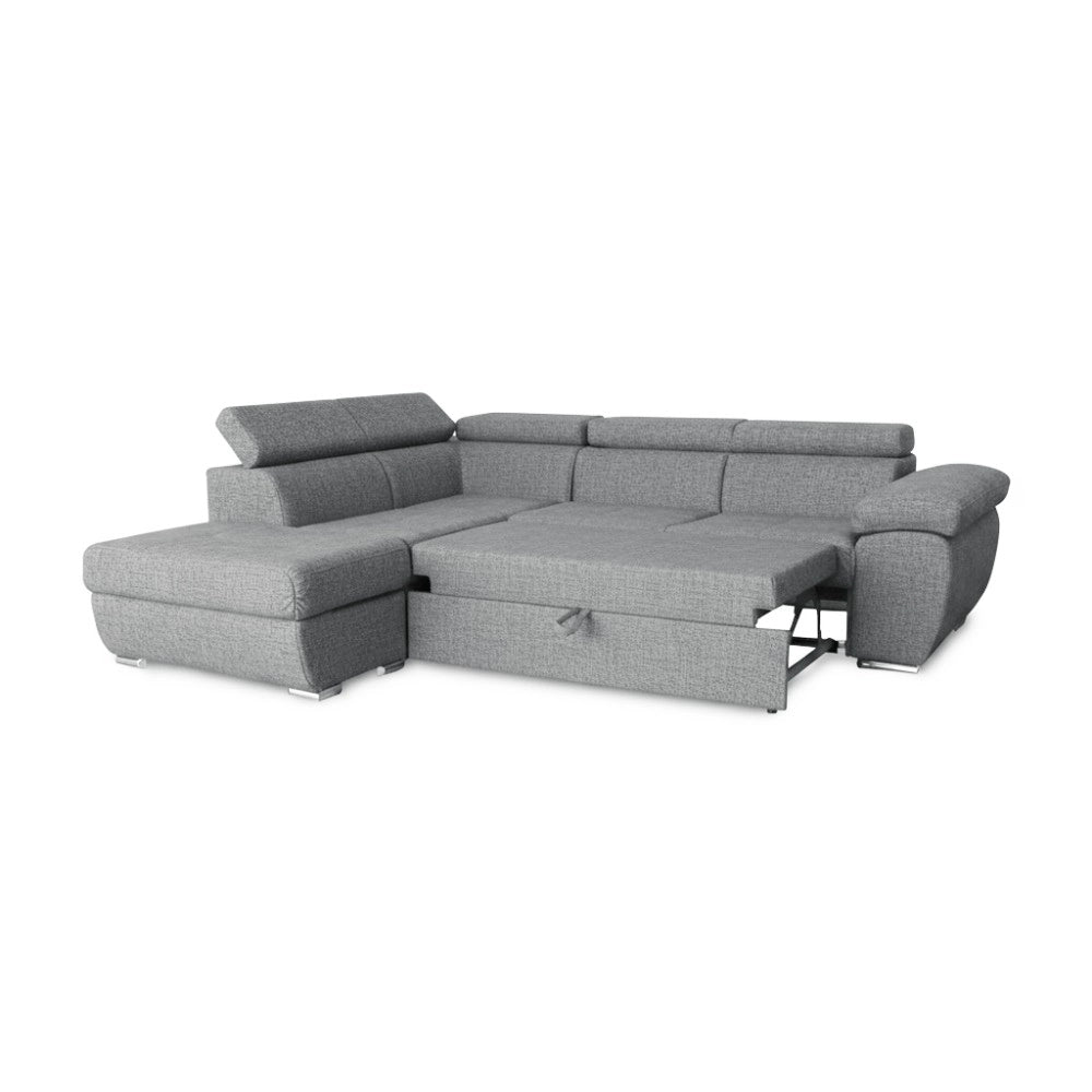 Divano Letto Angolare Fiona con Penisola Sinistra e Pouf Contenitore – Grigio