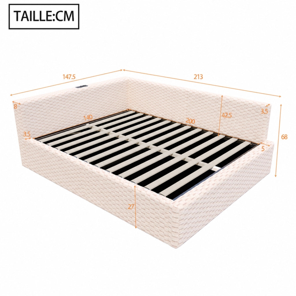Letto divano 140 × 200 cm con contenitore idraulico, LED, 2 USB e Type-C, senza materasso, in velluto beige