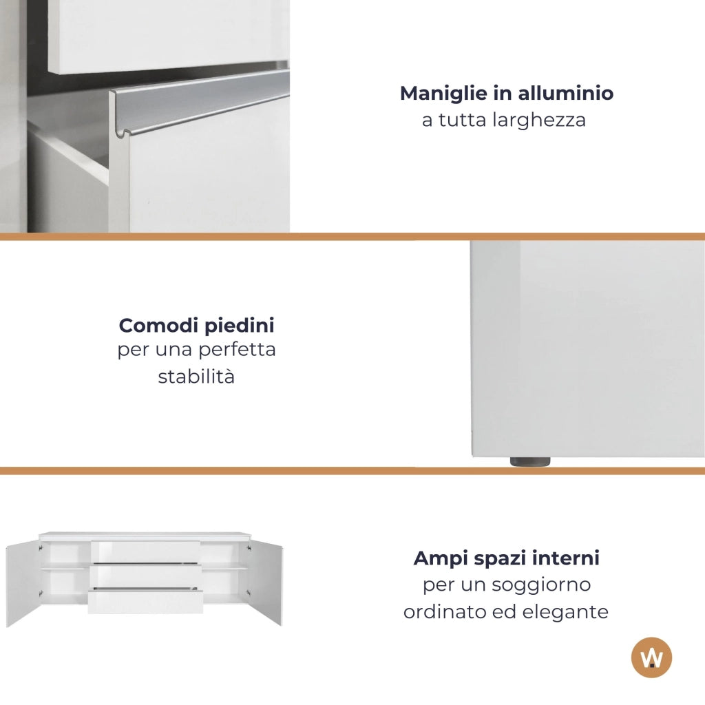 WHOUS Credenza cassettiera Magic con 2 ante e 3 cassetti bianco lucido 240x40x80 cm