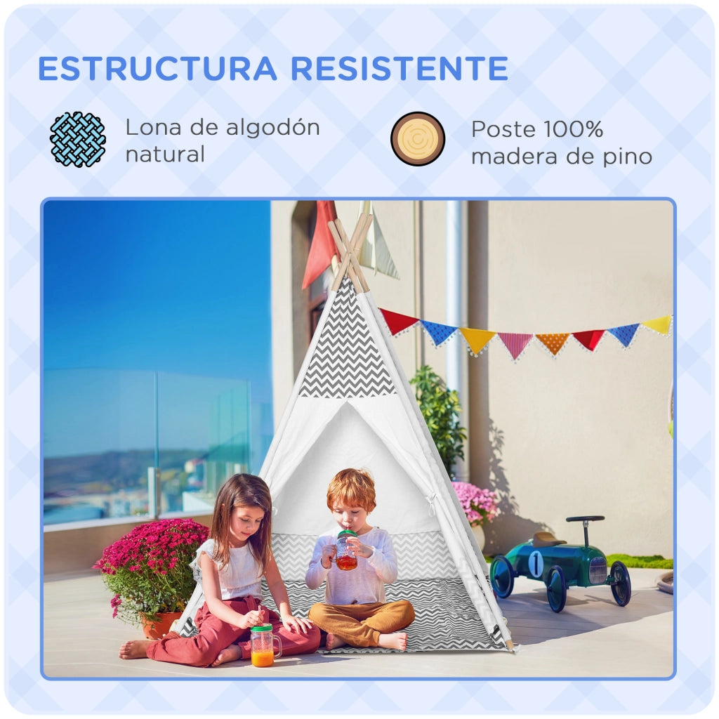 Casetta Tipi per Bambini in Legno con Ventana e Colchoneta ¨C Zephmum ¨C Grigio 120x120x155 cm