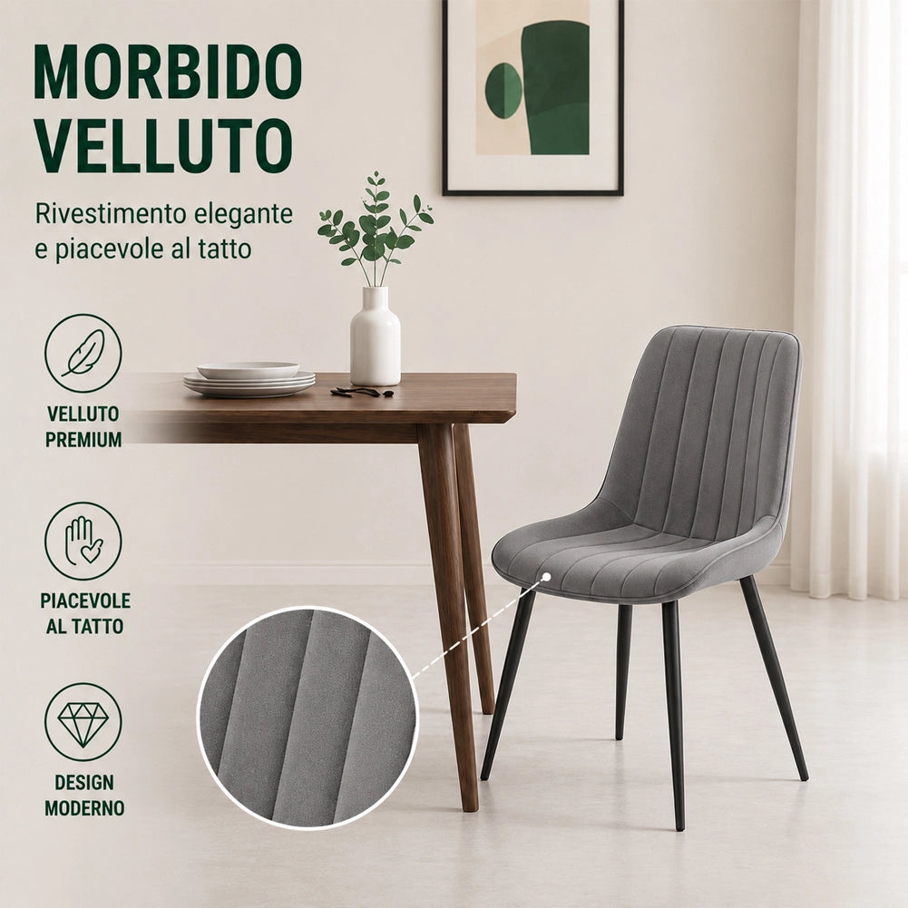 Set 4 Sedie da Pranzo Grigio in Velluto Seduta Ergonomica e Struttura Acciaio