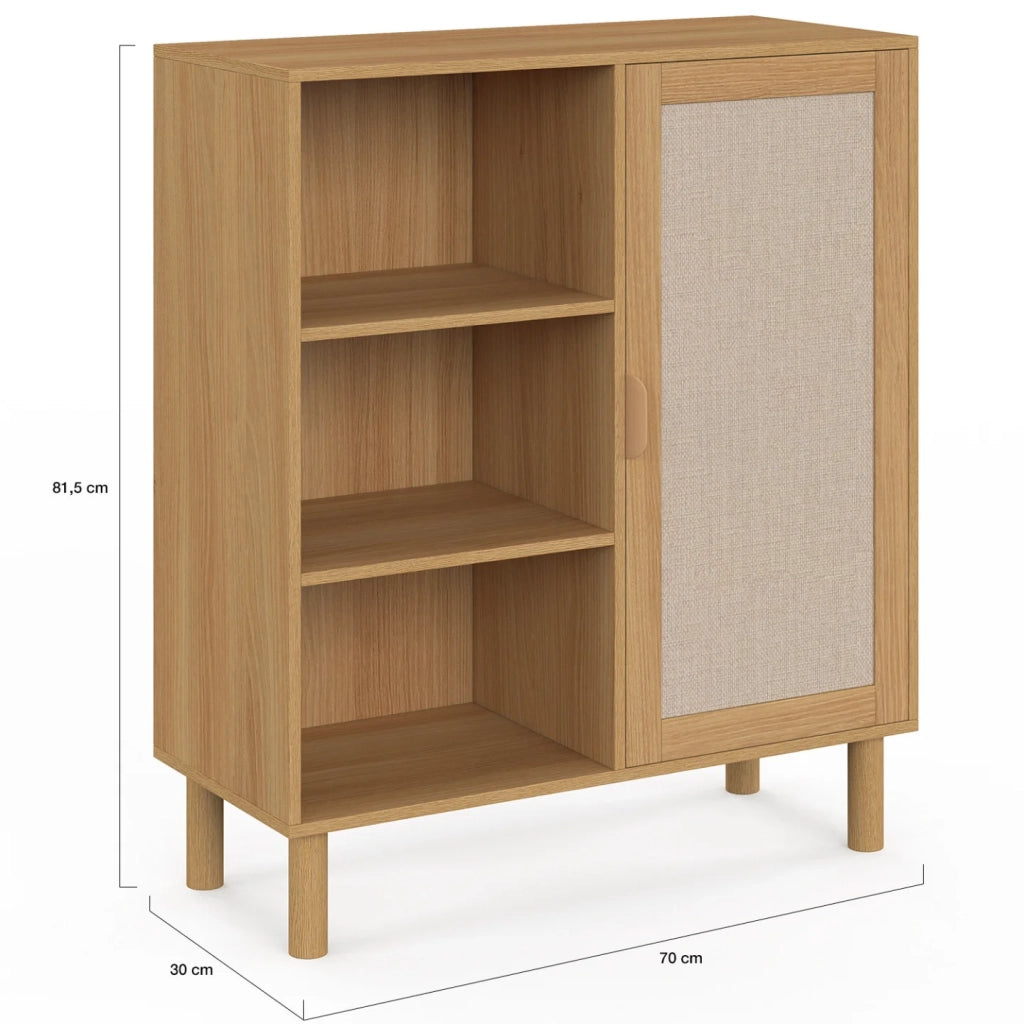 IDMarket - Credenza con 3 ripiani e armadietto 70 cm ROBIN in legno e tessuto effetto lino