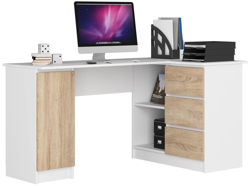 Scrivania angolare AKORD B20 Bianco 155 cm 1 anta 3 cassetti inserto frontale Sonoma Quercia 155x85x77 cm Modello a destra