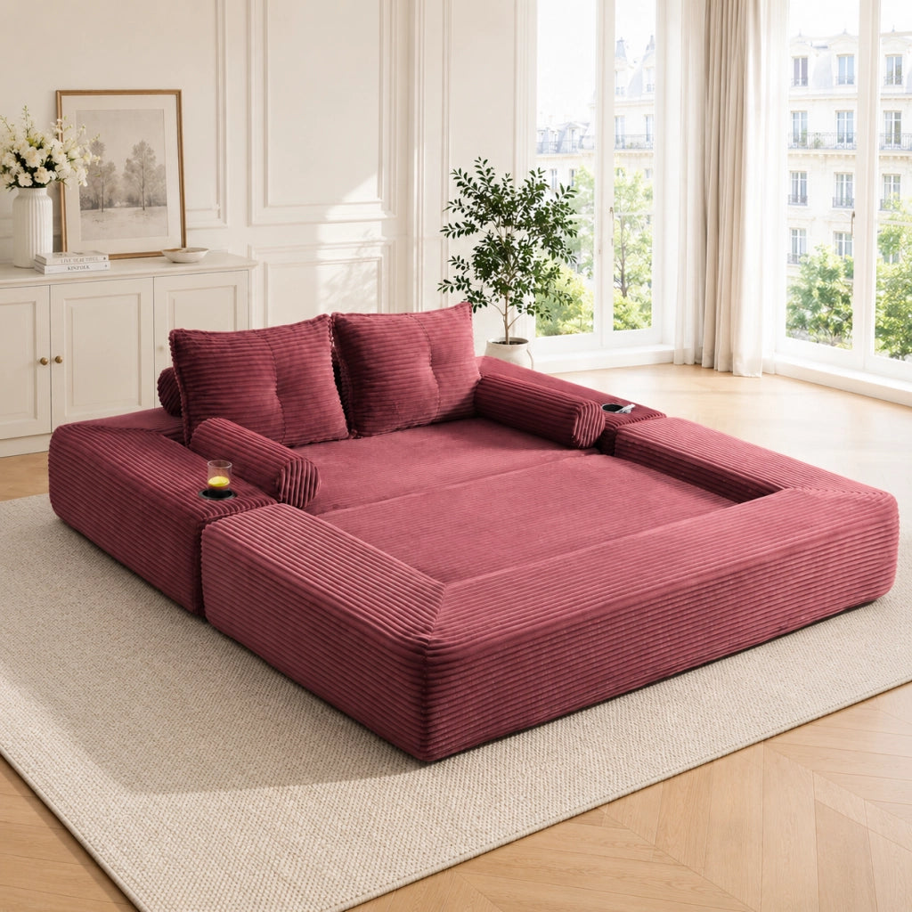 Divano letto in velluto a coste con cuscini memory, tasche laterali e portabicchieri, vino rosso 180 × 98 × 80 cm