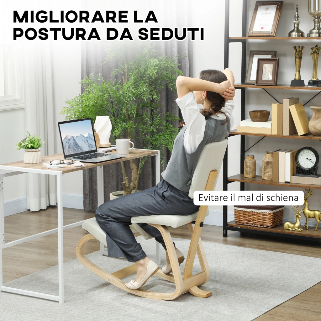 Sedia Inginocchiatoio Ergonomica Dondolante ¨C Xylo ¨C Tessuto Effetto Lino Crema e Legno Betulla 51x84x93