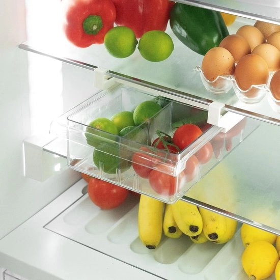 Organizzatore per frigorifero carrello - carrello per cucina spaziale con 2 parti [1 set] - inclusa base per 12 uova, etichette e penna - regolabile senza scivolo tra 29 e 40 cm - BPA libero