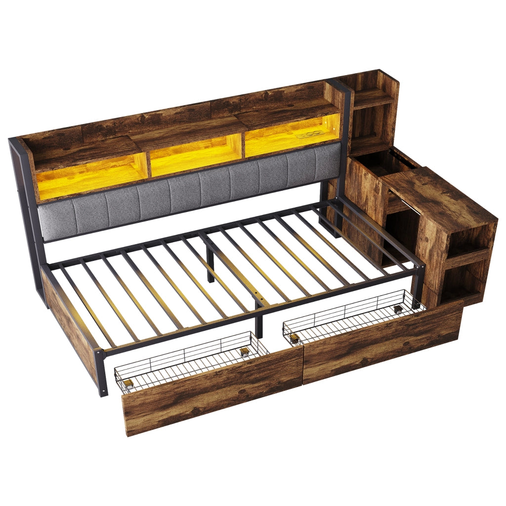Letto singolo multifunzionale 90x200 cm con scrivania estraibile, cassetti, vani contenitore, prese integrate e LED