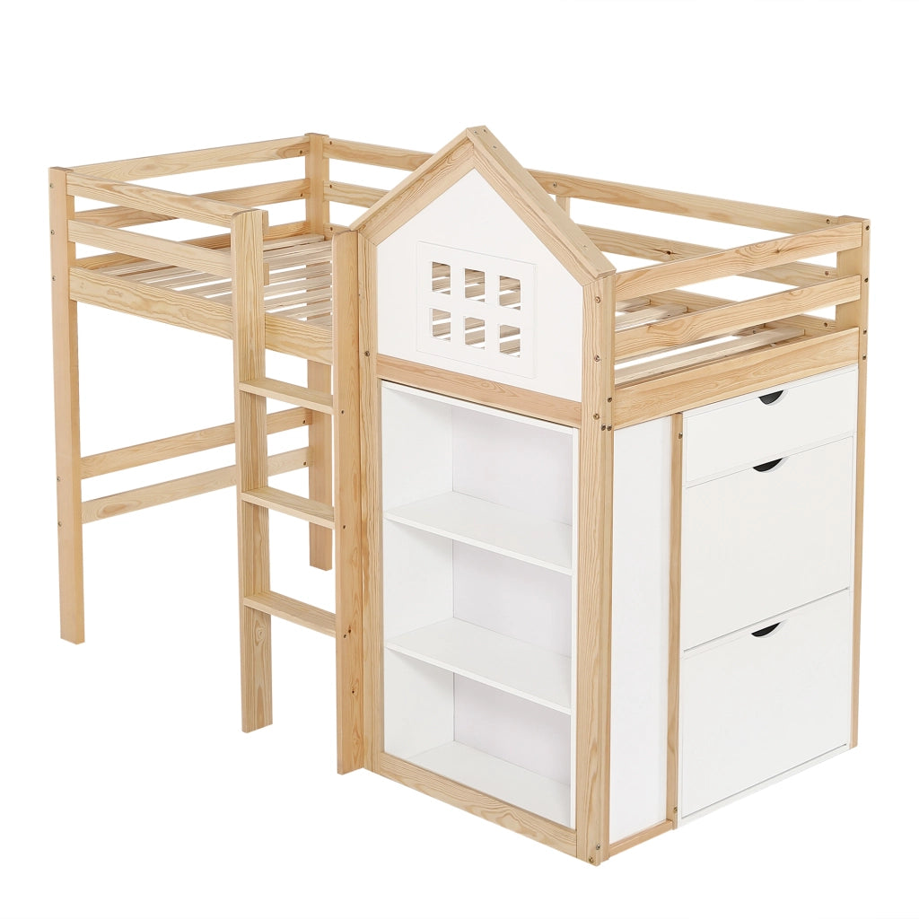 Letto a Soppalco con Cassetti e Contenitore ¨C MINIMAL ¨C Pino/MDF, Bianco e Naturale, 90x200