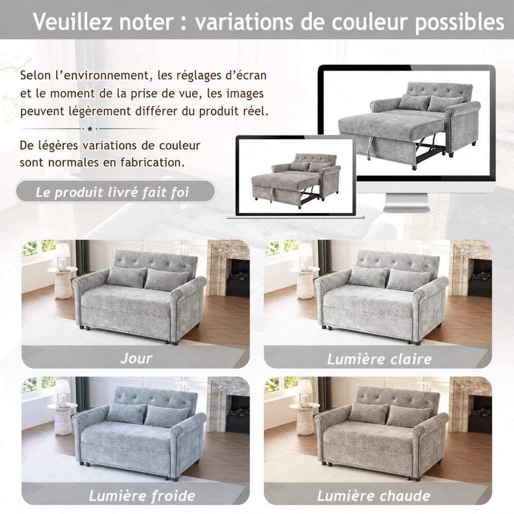 Divano letto 3 in 1 con schienale reclinabile a 3 posizioni letto estraibile in chenille grigio con due cuscini