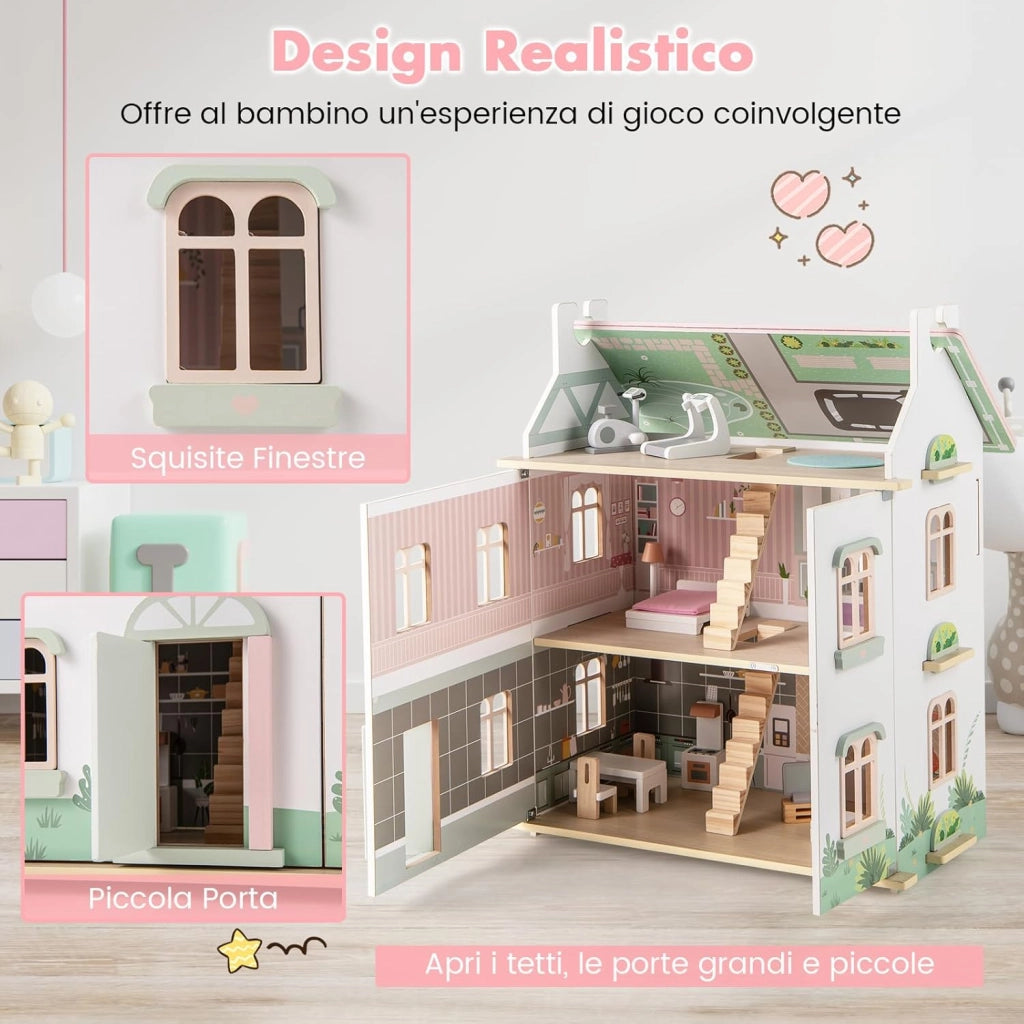 Casa delle Bambole in Legno, Casetta delle Bambole a 3 Piani con Tetti Rimovibili, Porte Apribili, Finestre Squisite 5 Stanze e 19 Accessori, Regalo per Bambini 3+ Anni
