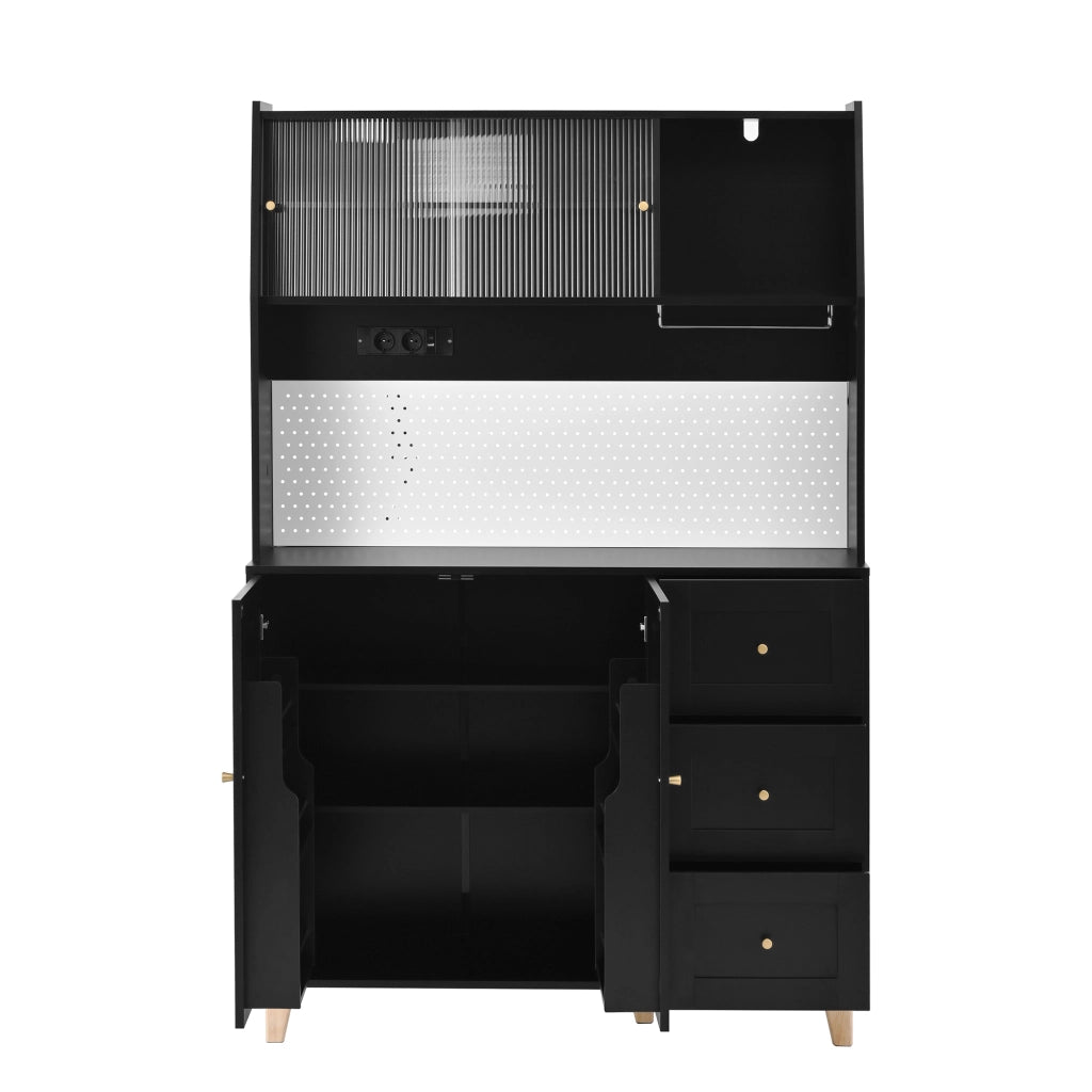 Mobile bar con 3 cassetti ripiani regolabili portabicchieri pannello forato e prese in MDF nero 120 × 40 × 184 cm