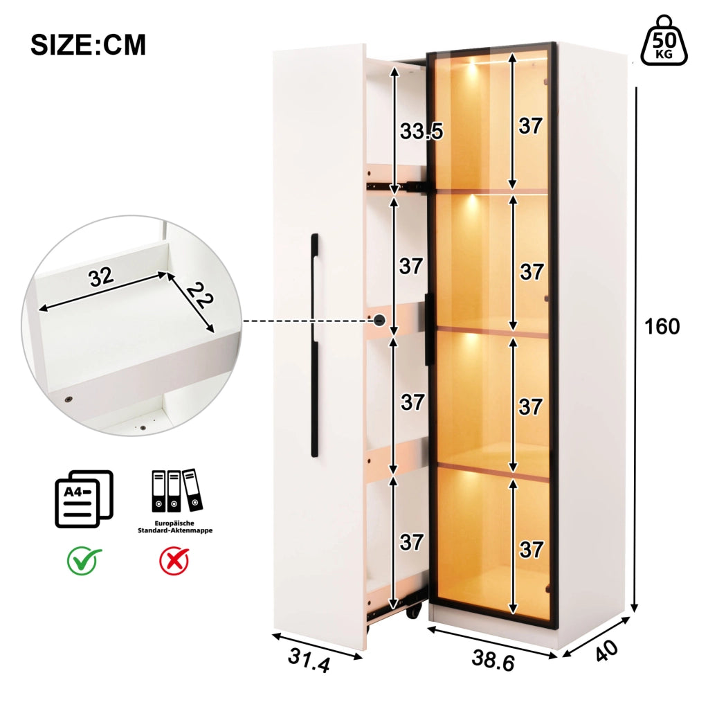 Vetrina multifunzione bianca con libreria estraibile e LED