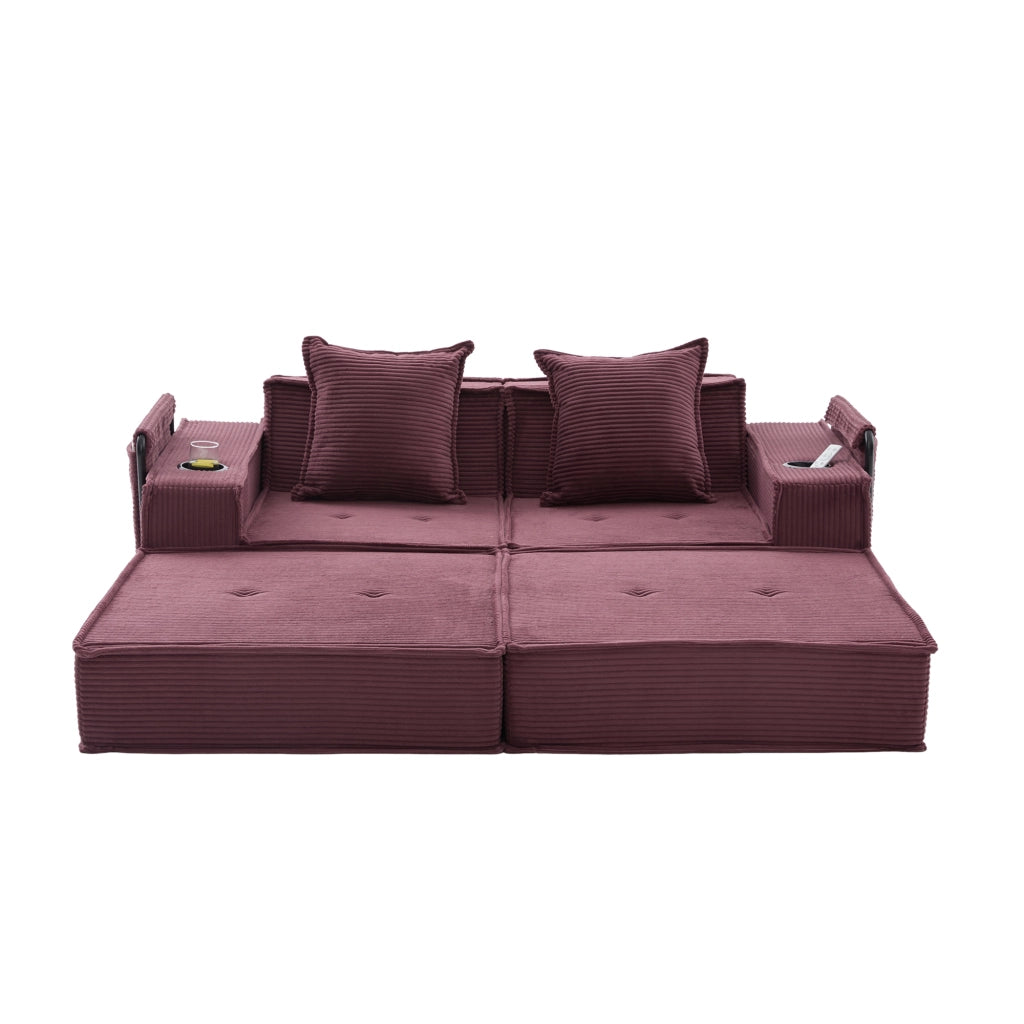 Pouf divano 2 posti in velluto a coste, colore wine red, con 2 cuscini e tasche laterali