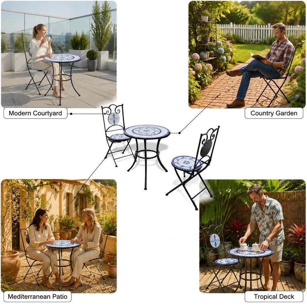 3-piece Bistro Set Ceramic Tiles Blue And White