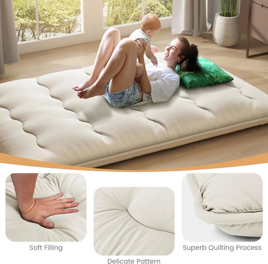 Materasso da pavimento Futon giapponese, tappetino Tatami pieghevole e portatile, materasso pieghevole con borsa per il trasporto e fodera rimovibile (beige, 140 x 200 cm)