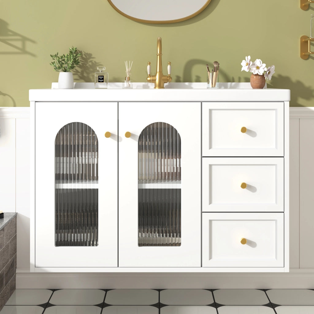 Mobile bagno sospeso bianco con lavabo in ceramica, due cassetti e vano regolabile
