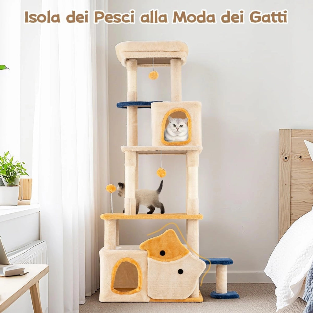 Albero per Gatti da Interno Alto 159 cm, Tiragraffi per Gatti con 2 Condo, Posatoio Morbido Rimovibile e Palo Scratcher in Sisal, Centro Attività Versatile per Animali Domestici