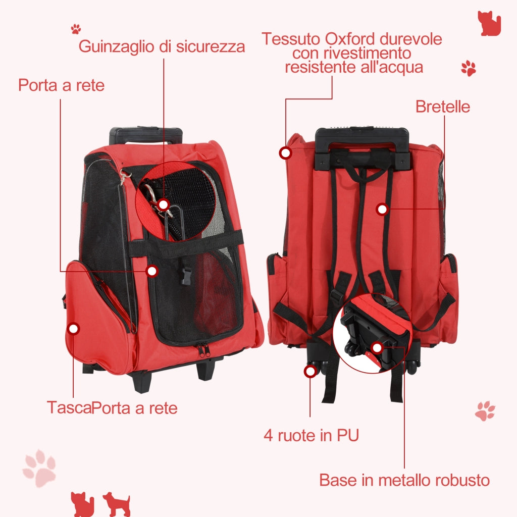 Trasportino Zaino 2 in 1 per Cani e Gatti con Tasche e Ruote ¨C zephmum ¨C 42x25x55cm Rosso