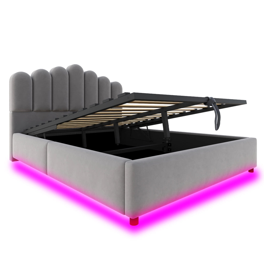 Letto imbottito 140x200 cm con contenitore; LED e testiera unica in velluto grigio