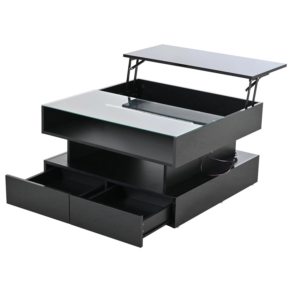 Tavolino regolabile - Xylo - 80x80cm vetro temperato 2 cassetti LED nero