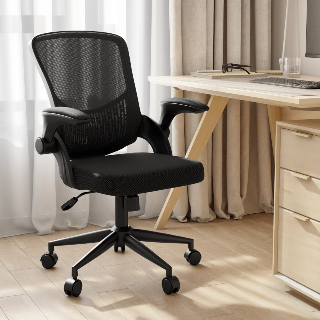 Sedia da ufficio con braccioli -  Sedia da ufficio ergonomica - Su ruote - Sedia girevole regolabile in altezza - Nero