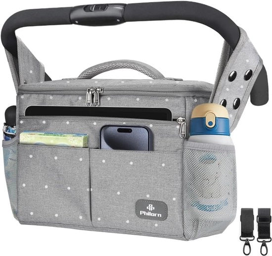 Organizzatore per passeggini per bambini con contenitore isolato per bicchieri e grande capacità - Borsa universale per passeggini per bambini - Grigio con strisce