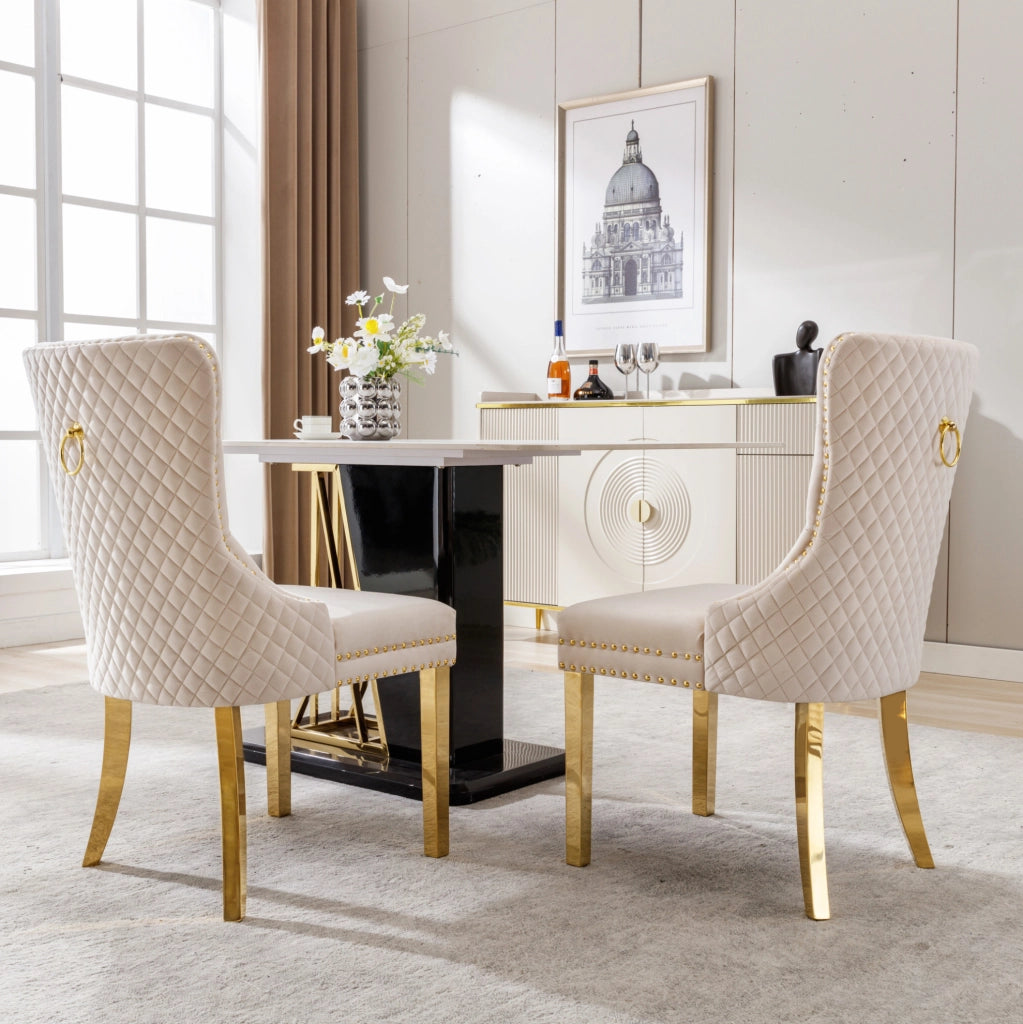 Sedia da pranzo in velluto beige con gambe dorate